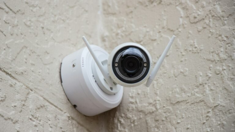 Caméra de surveillance blanche fixée au mur